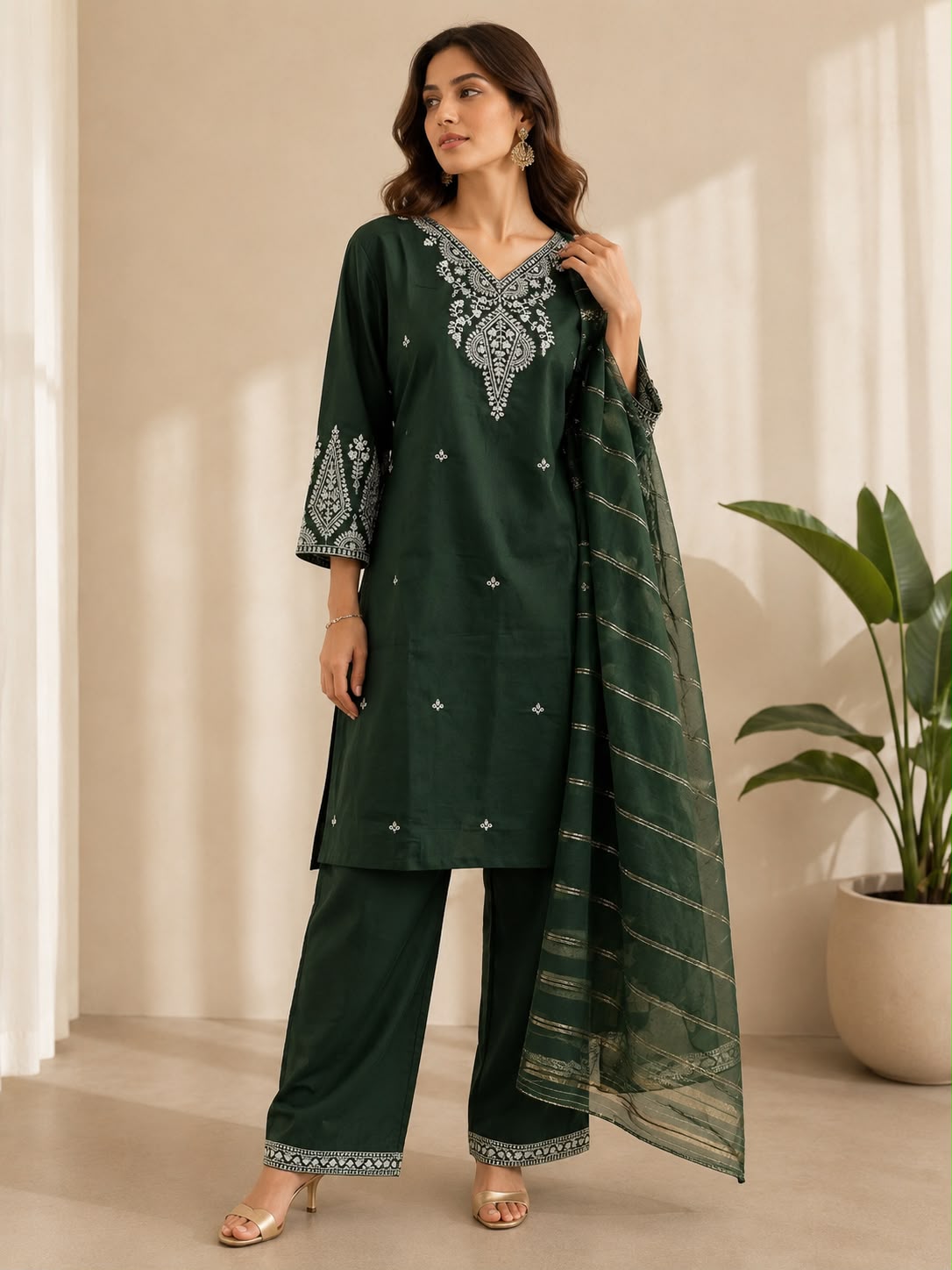 Green Muslin Cotton Embroidered Kurta Set with Organza Dupatta — Kurta Sets — view 2 | Lehar Clothing UAE