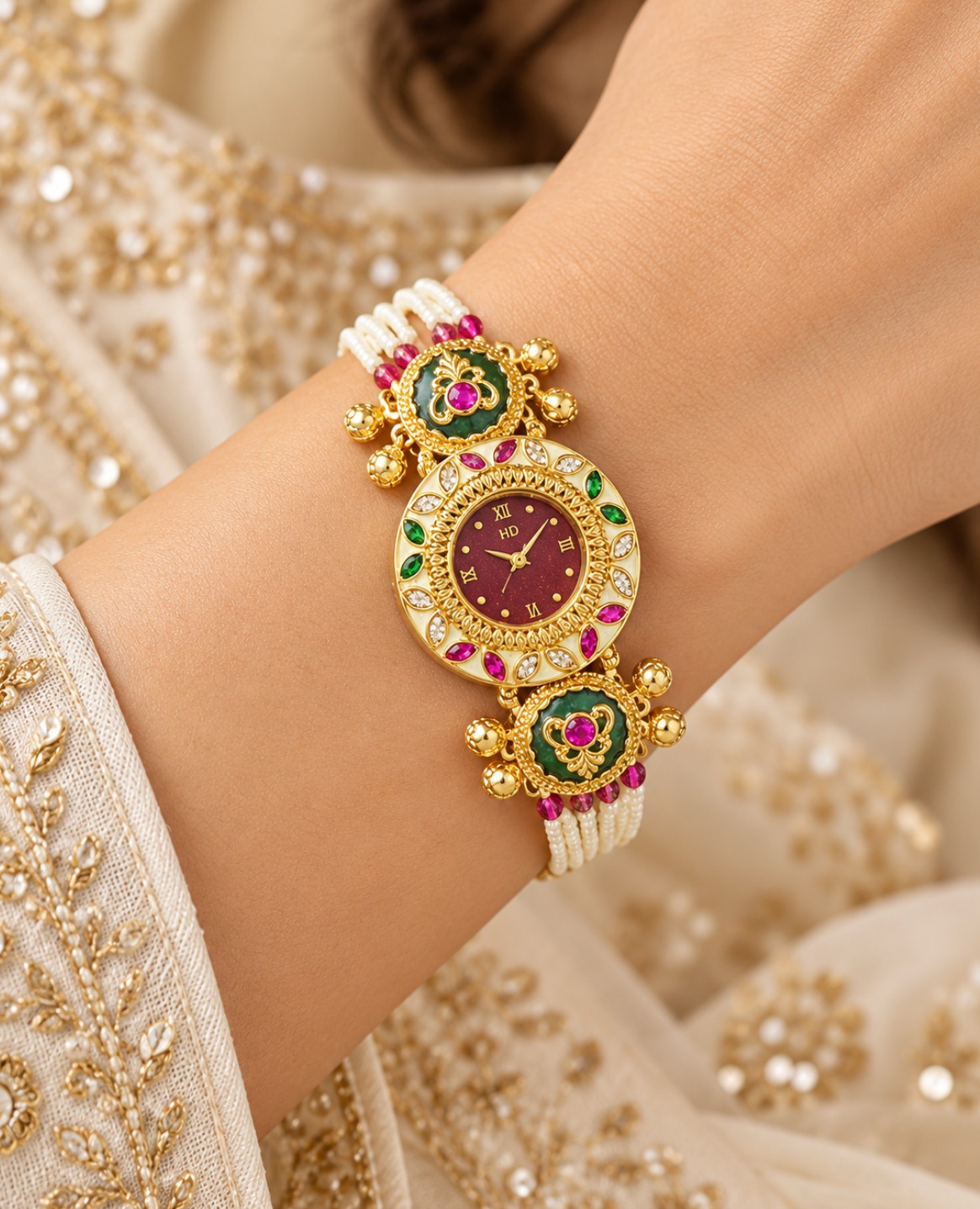 Pearl & Green Bead Bracelet Watch for Women - Gold Tone Indian Jewelry Watch — Jewellery — view 2 | Lehar Clothing UAE