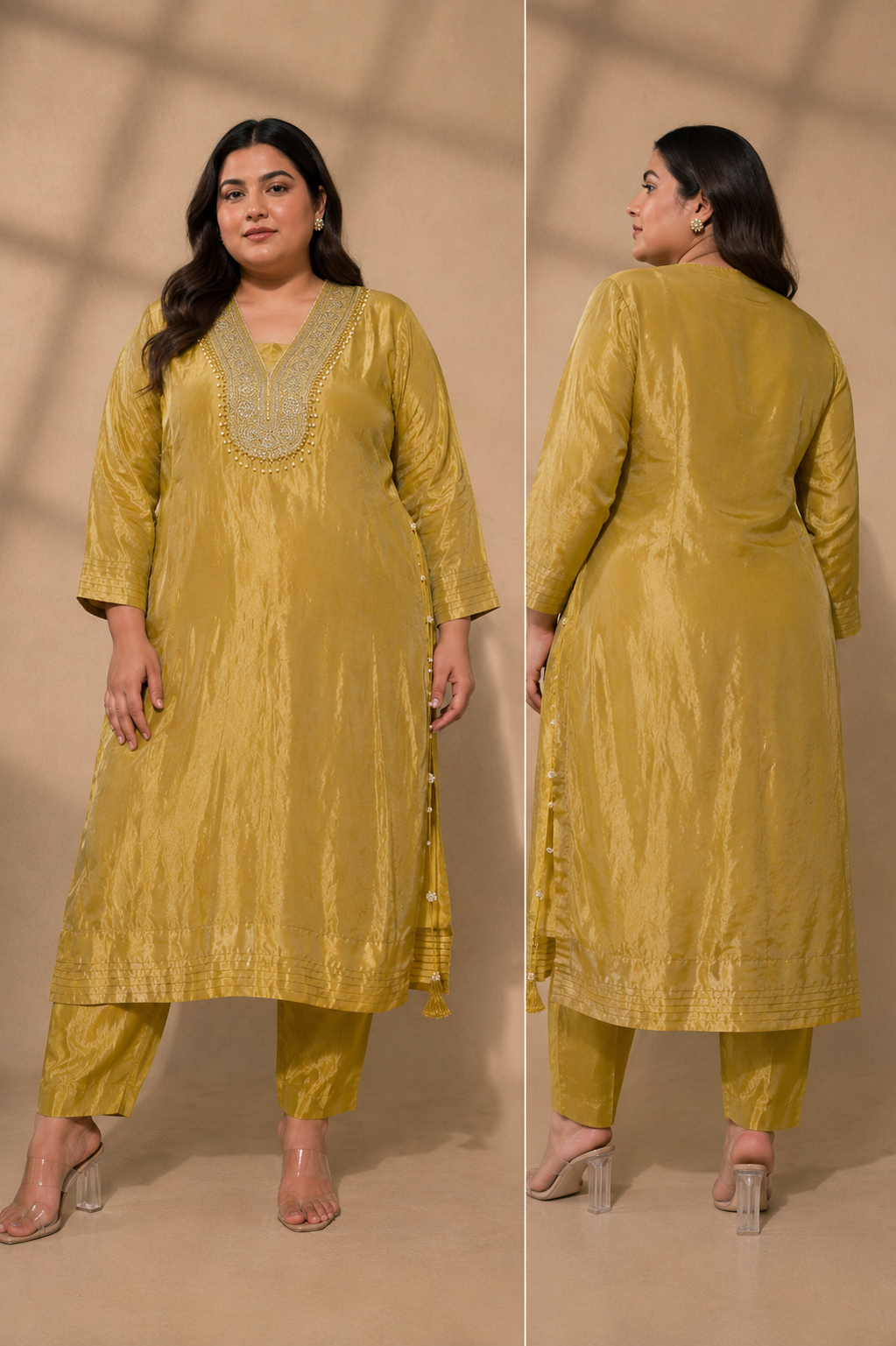 Mustard Embroidered Straight Kurta with Cigarette Pants Set — Kurta Sets - Plus Size — view 3 | Lehar Clothing UAE