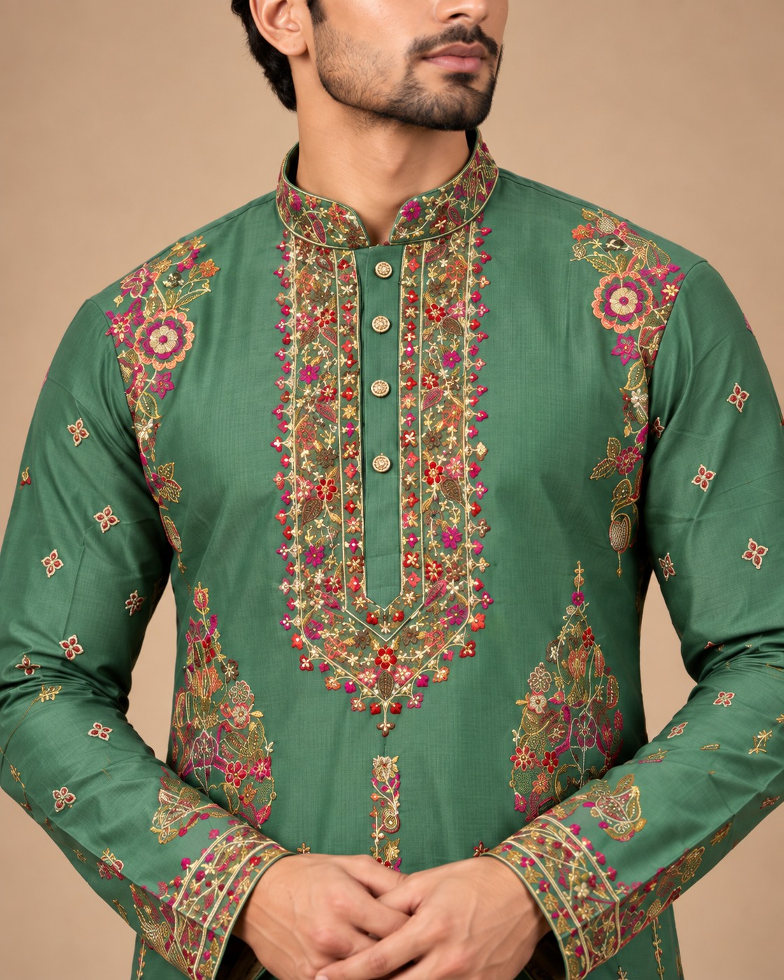 Men’s Sage Green Floral Embroidered Kurta Pajama Set — Kurta Sets — view 2 | Lehar Clothing UAE