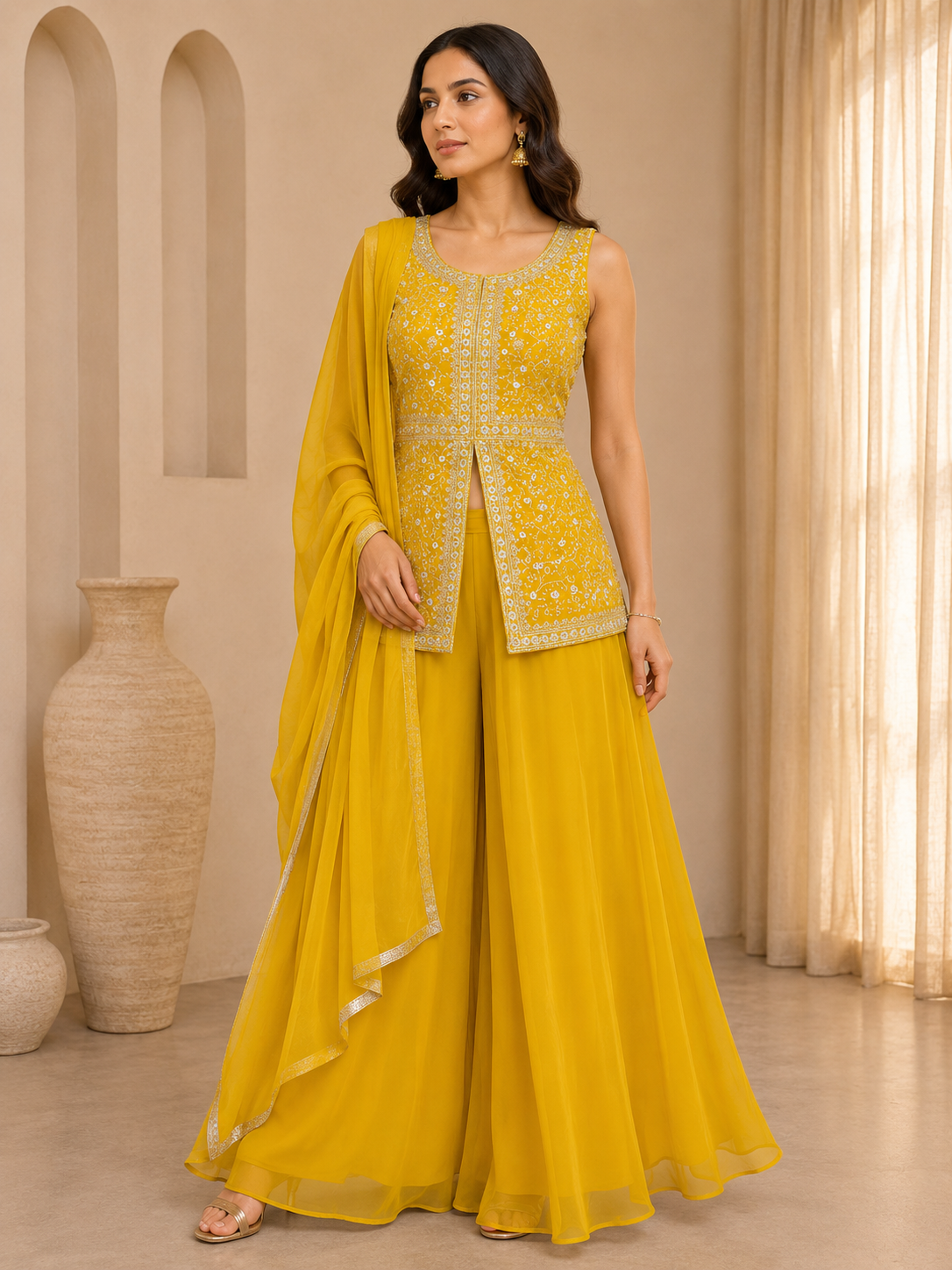 Yellow Sleeveless Scoop Neck Short Kurti and Plain Sharara Suit 3-Piece Set — Sharara Set — view 2 | Lehar Clothing UAE