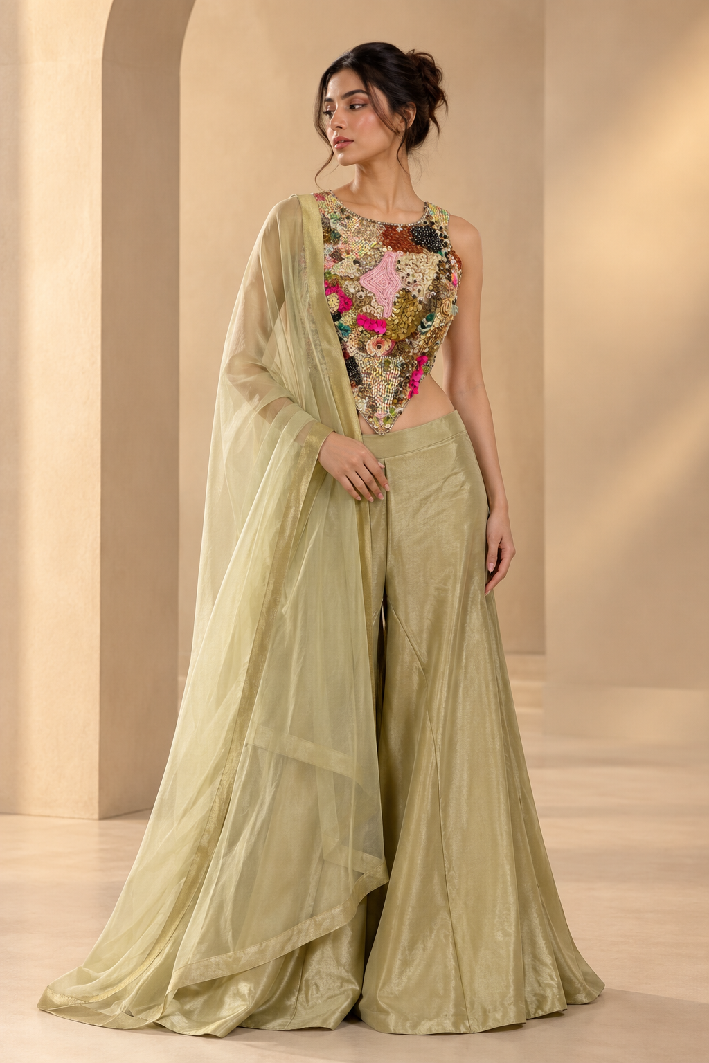 Multicolor Embellished Corset-Style Crop Top with Gold Wide-Leg Palazzo Pants — Palazzo Sets — view 4 | Lehar Clothing UAE