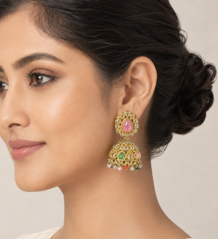 Imitation Gold-Tone Kundan Jhumka Earrings with Pink & Green Stones and Multicolor Beaded Drops — Jewellery — view 3 | Lehar Clothing UAE