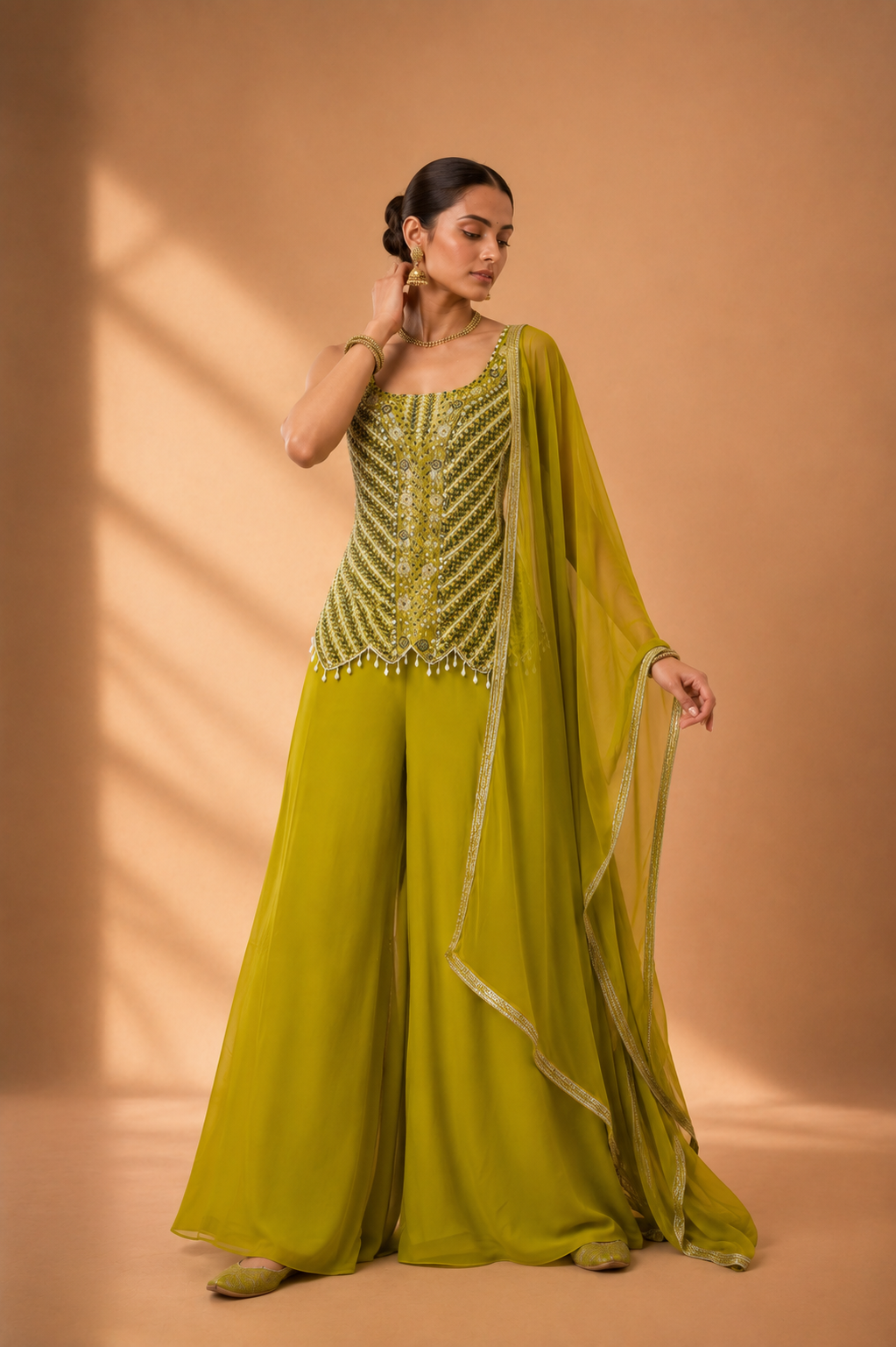 Lime Green Embroidered Georgette Kurta Palazzo Set with Georgette Dupatta — Sharara Set — view 2 | Lehar Clothing UAE