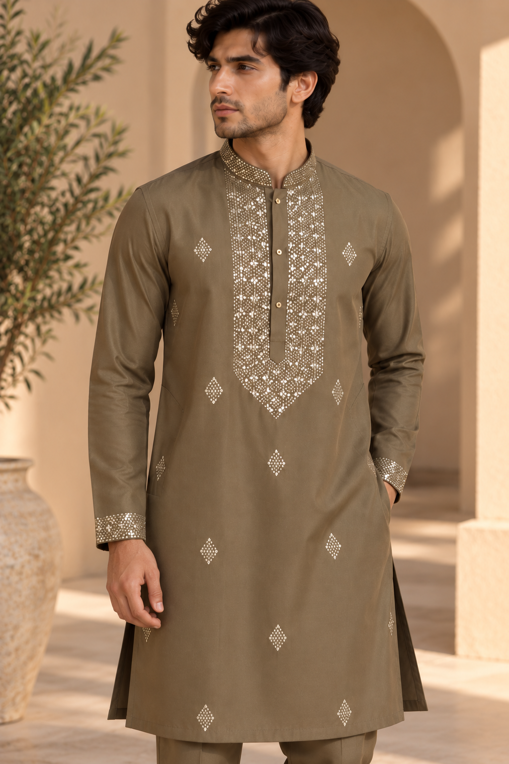 Olive Green Embroidered Kurta Set for Men with Matching Trousers — Kurta Sets — view 2 | Lehar Clothing UAE
