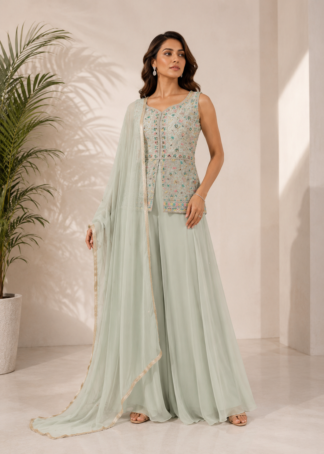 3-Piece Pastel Green Floral Embellished Sleeveless Sharara Set — Sharara Set | Lehar Clothing UAE