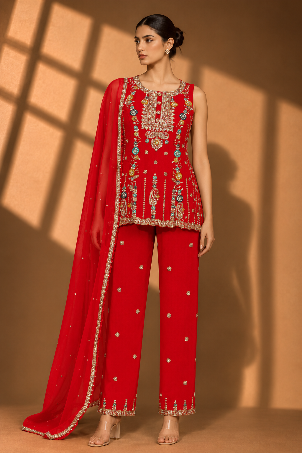 Women's Red Embroidered 3 Piece Kurta Pant Set with Organza Dupatta — Sarees | Lehar Clothing UAE