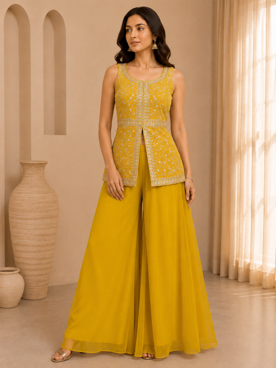 Yellow Sleeveless Scoop Neck Short Kurti and Plain Sharara Suit 3-Piece Set — Sharara Set | Lehar Clothing UAE