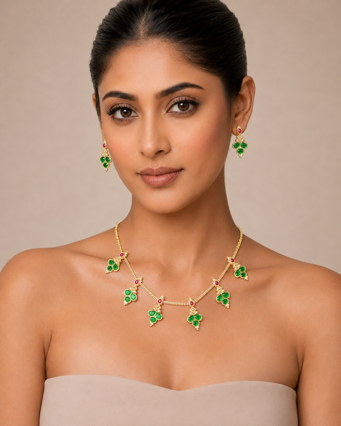 Green Stone Necklace & Earring Set – Gold-Tone Indian Traditional Jewelry — Jewellery | Lehar Clothing UAE