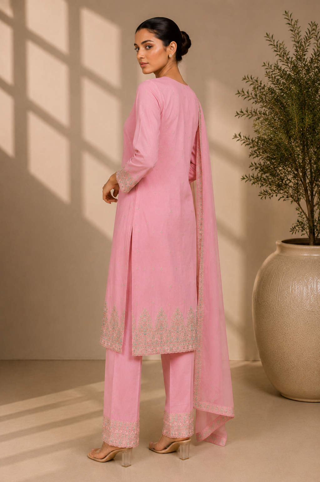 Baby Pink Embroidered Kurta Set with Dupatta — Kurta Sets — view 2 | Lehar Clothing UAE