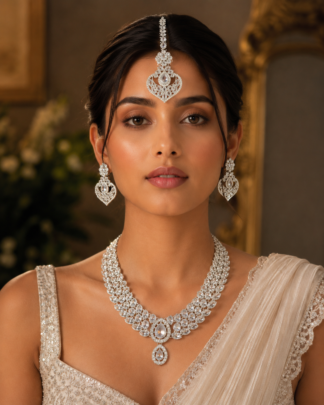 Silver-Tone Bridal Necklace Set with Maang Tikka – White Stone Wedding Jewelry — Jewellery — view 2 | Lehar Clothing UAE