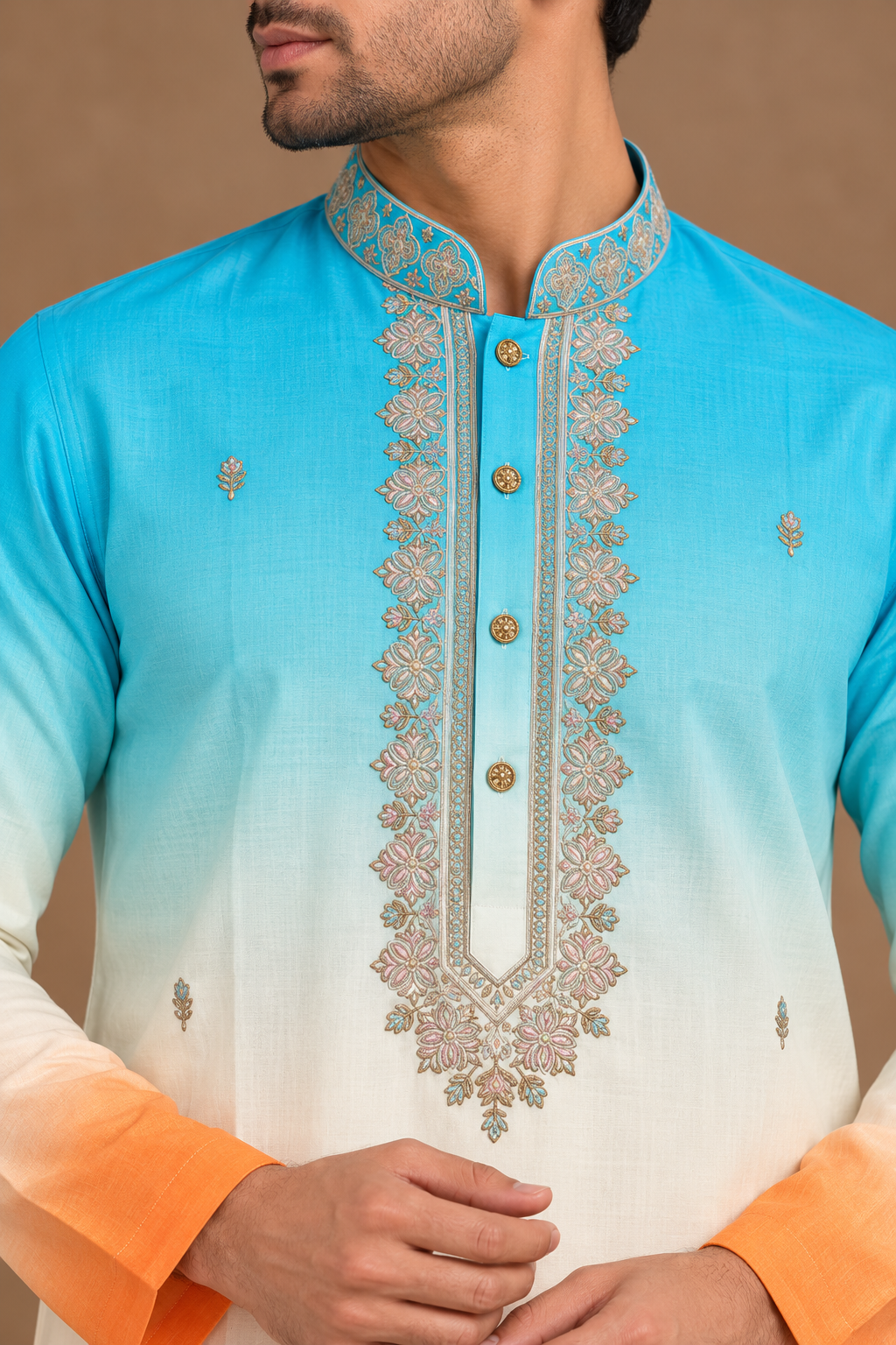 Men’s Turquoise Ivory Orange Ombre Embroidered Kurta Pajama Set — Kurta Sets — view 2 | Lehar Clothing UAE