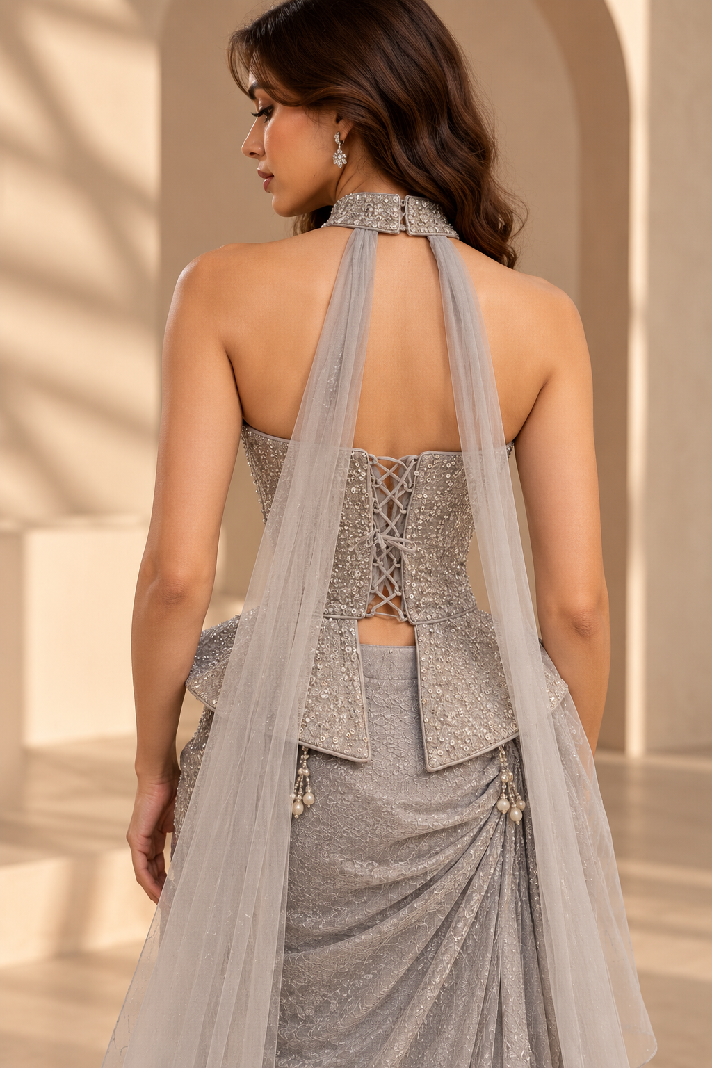 Silver Grey Embellished High Neck Halter Blouse with Crystal & Sequin Work, Lace-Up Corset Back, Peplum Detail & Draped Skirt Set — Fusion wear — view 3 | Lehar Clothing UAE