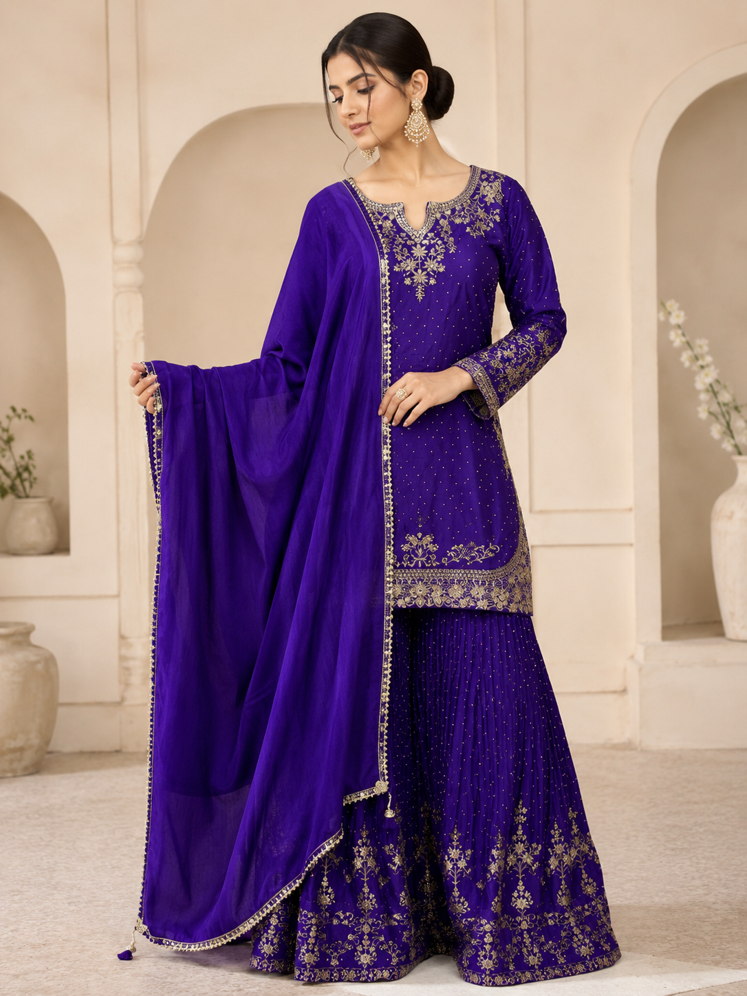 Dark Plum Embroidered Cotton Blend Kurta Sharara Set with Organza Dupatta — Sharara Set — view 2 | Lehar Clothing UAE