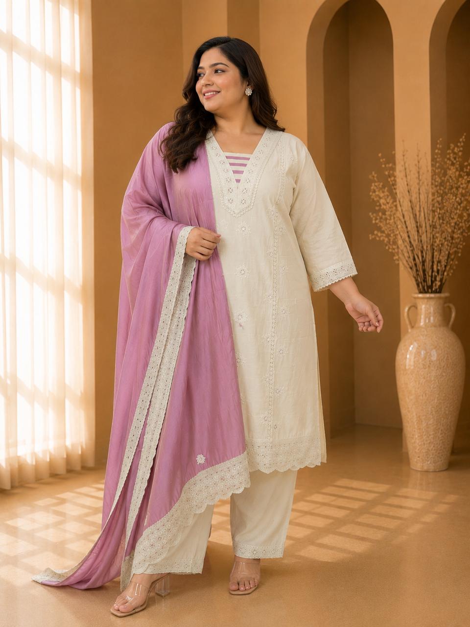 Women's Ivory White Embroidered Straight Kurta with Pants and Pink Dupatta Set — Kurta Sets - Plus Size — view 3 | Lehar Clothing UAE