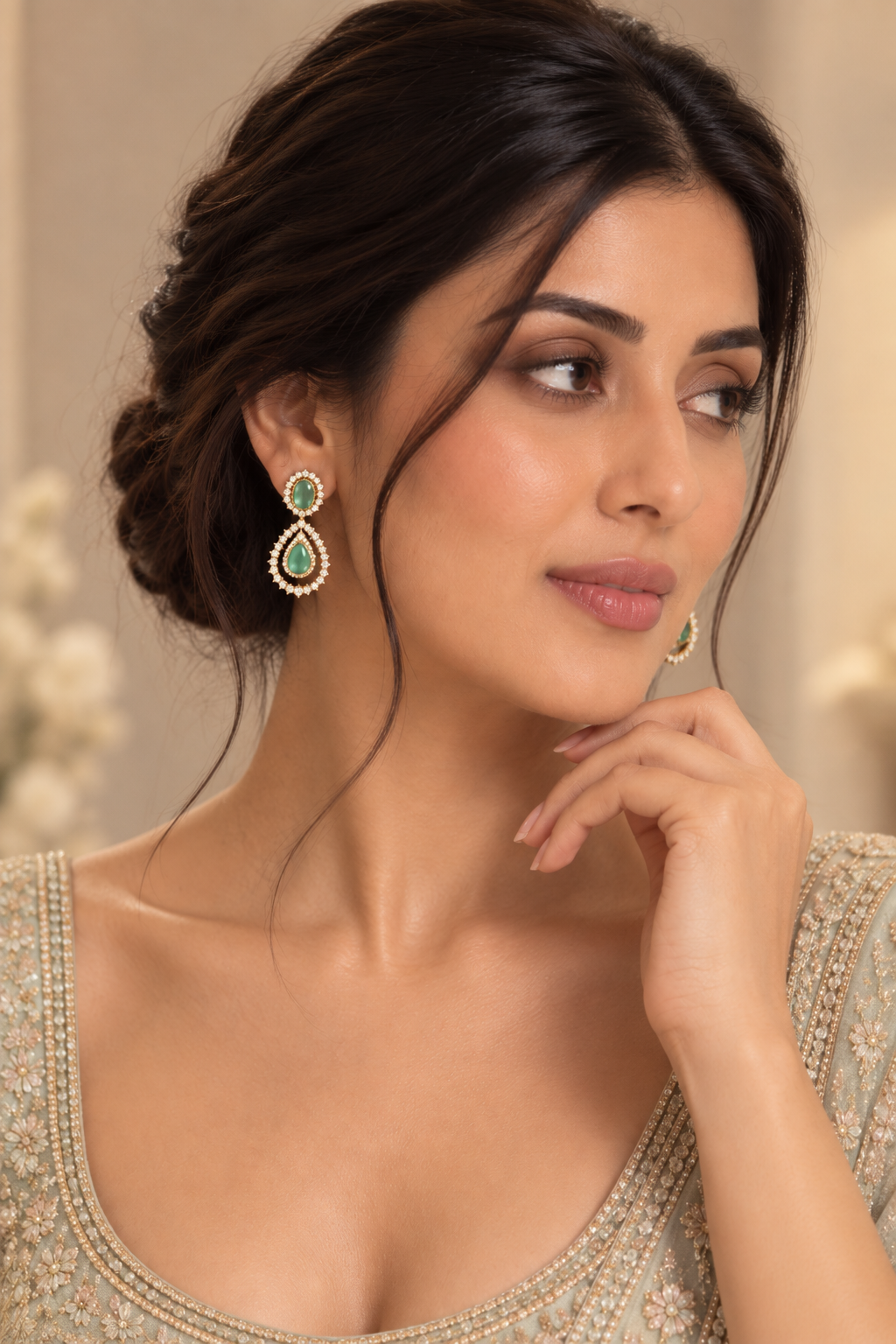 Emerald Color Teardrop Halo Earrings - Gold Tone Party & Wedding Fashion Jewelry — Jewellery | Lehar Clothing UAE