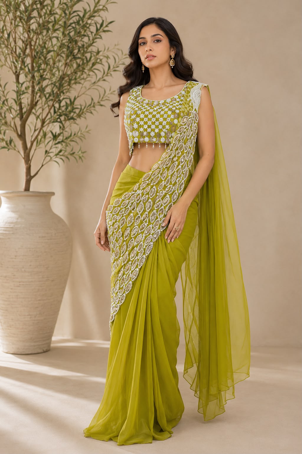 Lime Green Ready-to-Drape Saree with Hand Embroidered Mirror Work Blouse — Sarees | Lehar Clothing UAE