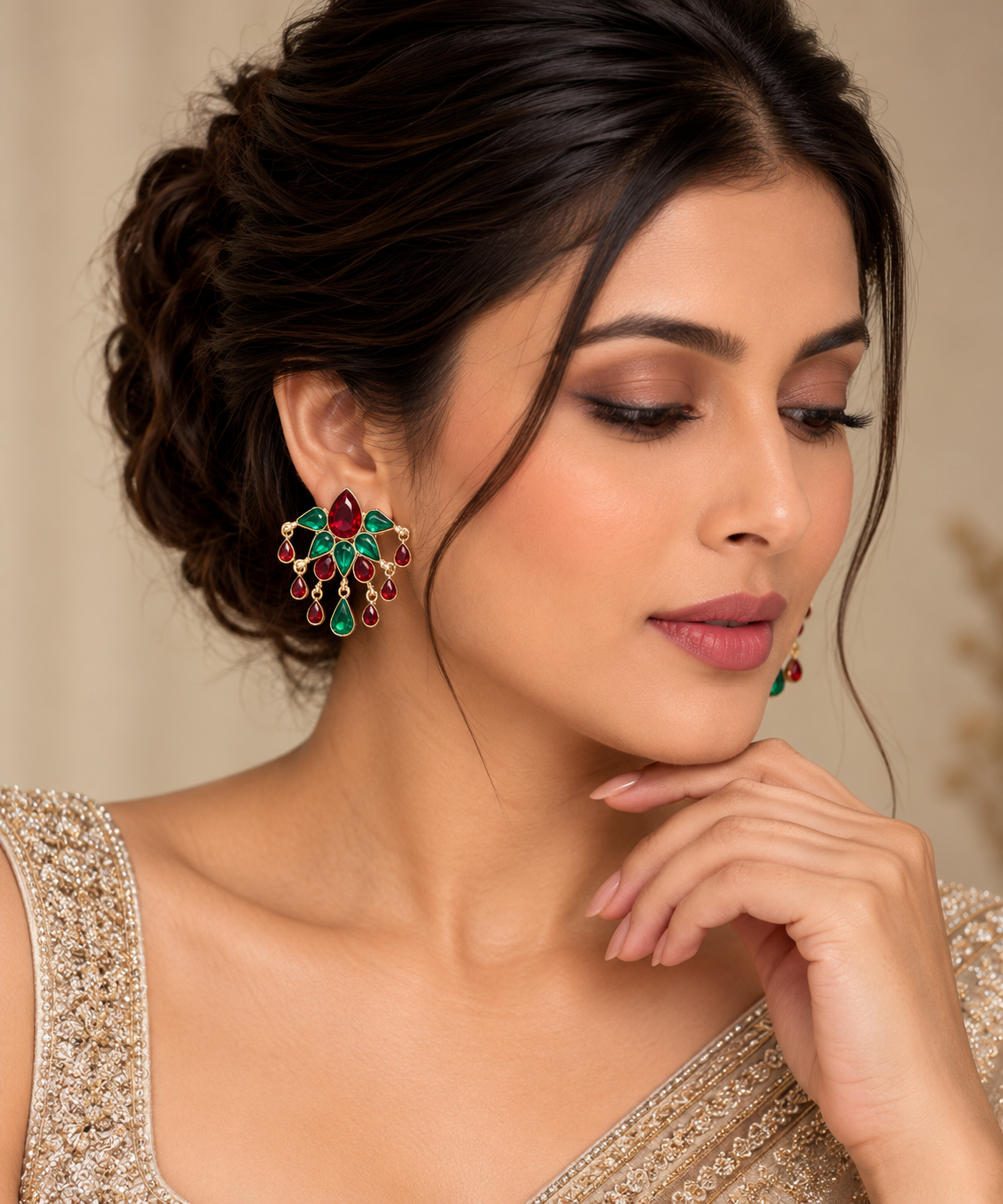 Ruby & Emerald Color Chandelier Stud Earrings – Gold-Tone Indian Party & Wedding Fashion Jewelry — Jewellery | Lehar Clothing UAE