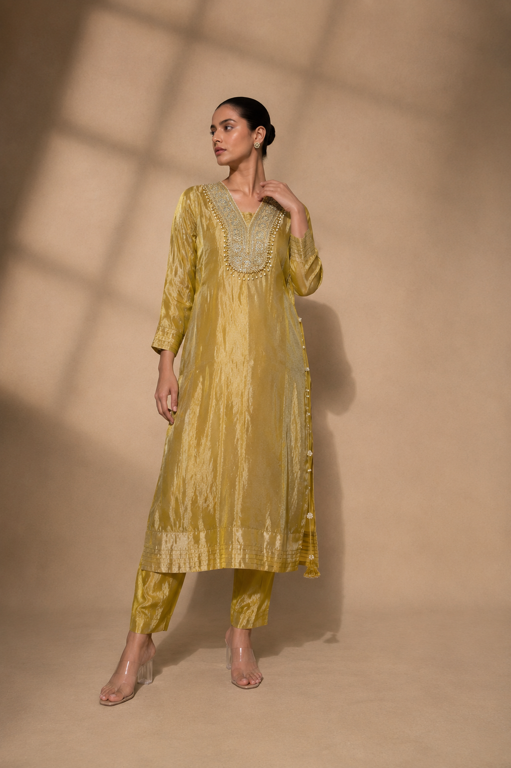Mustard Embroidered Straight Kurta with Cigarette Pants Set — Kurta Sets - Plus Size | Lehar Clothing UAE