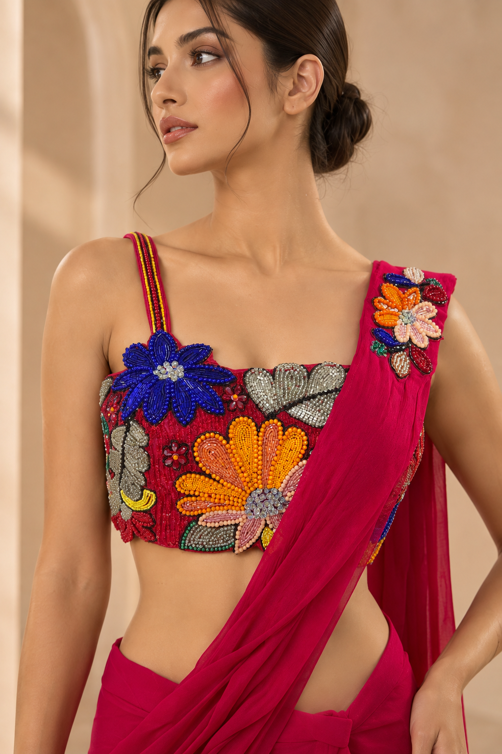 Fuchsia Pink Georgette Saree with Multicolour Floral Embroidered Blouse — Sarees — view 3 | Lehar Clothing UAE