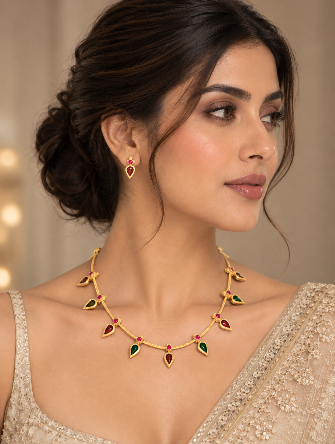 Red & Green Teardrop Charm Necklace Set - Gold Tone Indian Minimal Jewelry — Jewellery | Lehar Clothing UAE