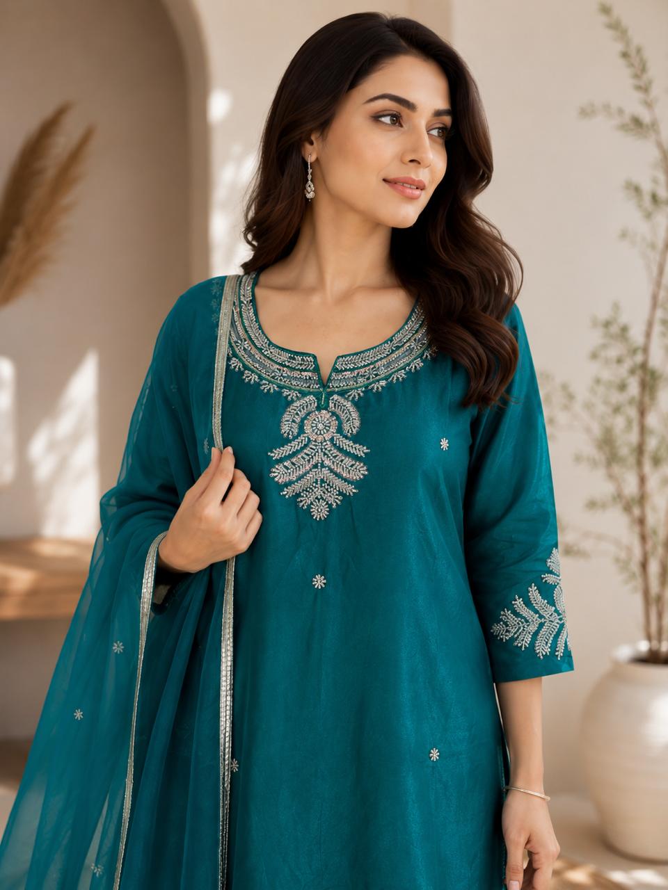 Emerald Green 3-Piece Salwar Suit with Silver Motif Embroidery — Kurta Sets — view 2 | Lehar Clothing UAE