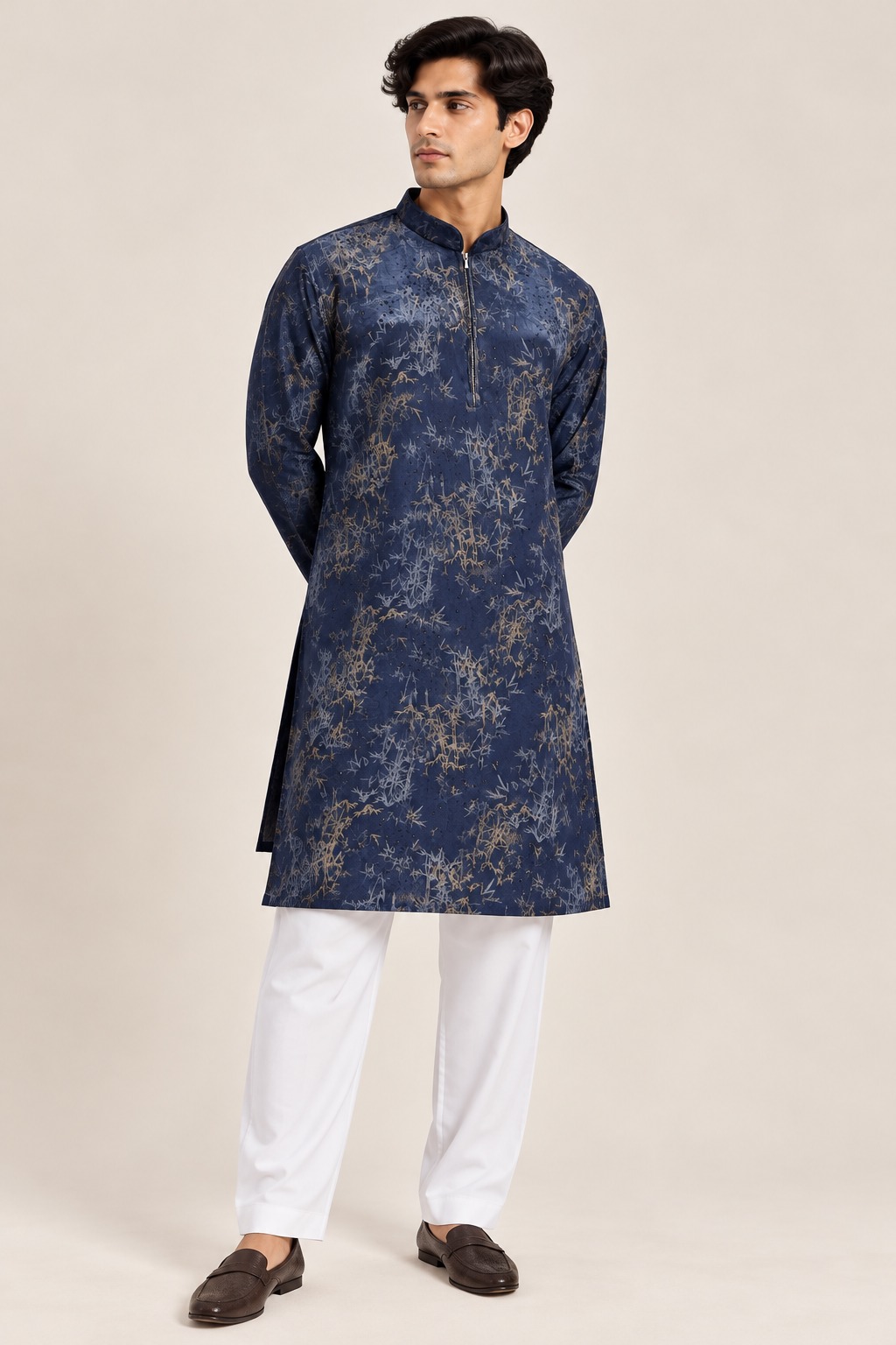 Men's Navy Blue Bamboo Print Kurta Set with Subtle Embellishments and White Straight-Fit Pants — Kurta Sets | Lehar Clothing UAE