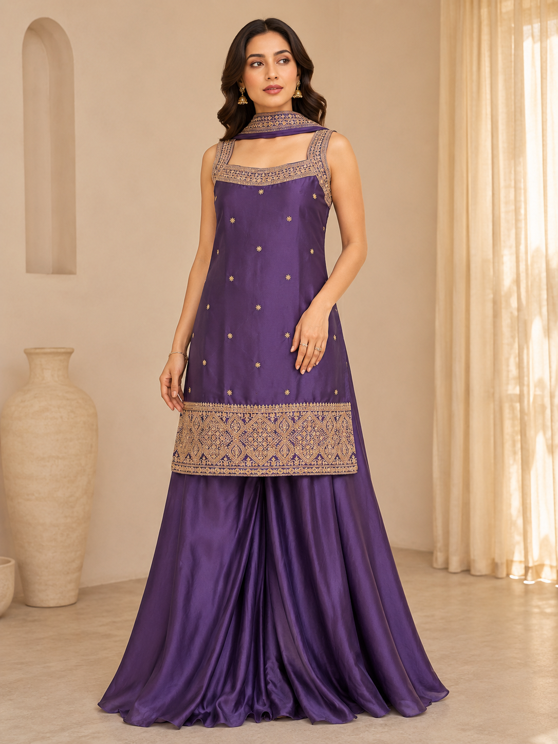Women's Purple Gold-Embroidered Kurti and Sharara Pants Set with Dupatta — Sharara Set | Lehar Clothing UAE
