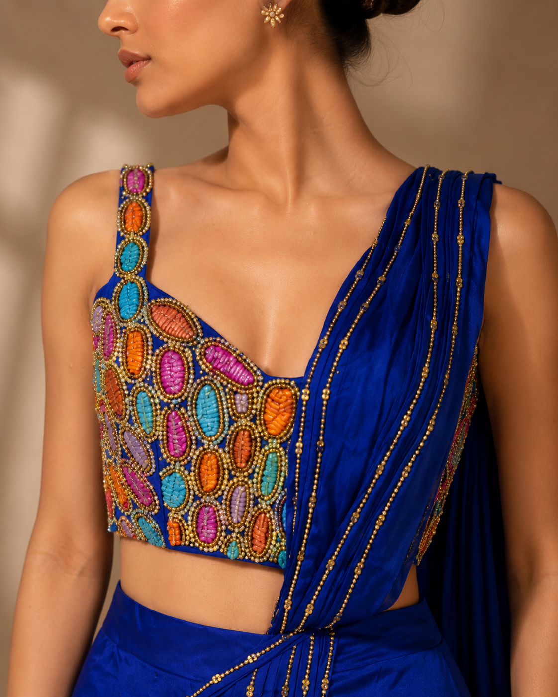 Women's Royal Blue Saree with Multicolour Embellished Blouse Set — Sarees — view 2 | Lehar Clothing UAE