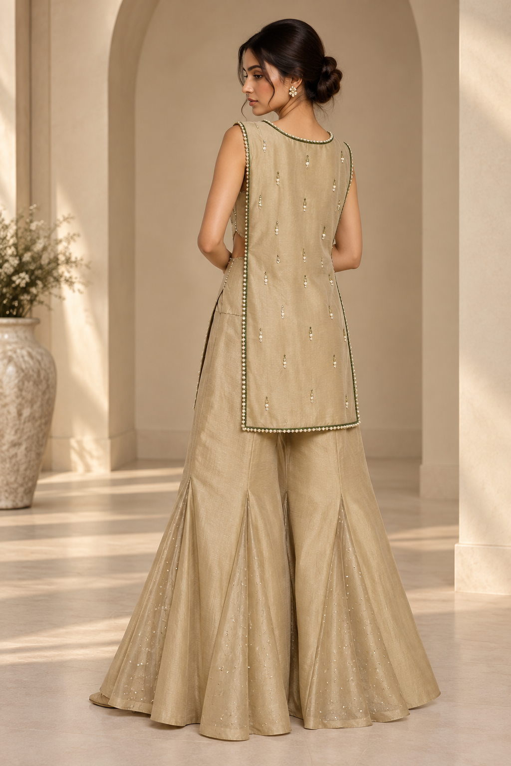 Beige Embellished Long Kurti with Flared Sharara Pants — Sharara Set — view 2 | Lehar Clothing UAE