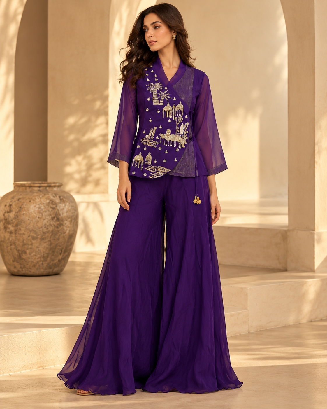 Women's Royal Purple Gold Embroidered Angrakha Top & Flared Sharara Palazzo Set — Palazzo Sets — view 2 | Lehar Clothing UAE