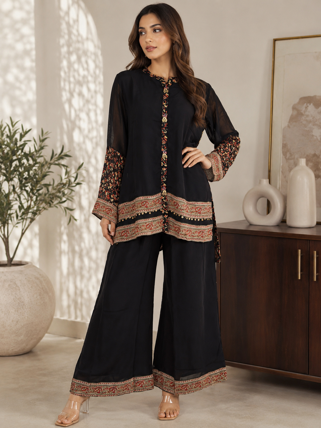 Women's Black Floral Border Embroidered Chiffon Co-Ord Set Plus Size — Co-ord Set | Lehar Clothing UAE