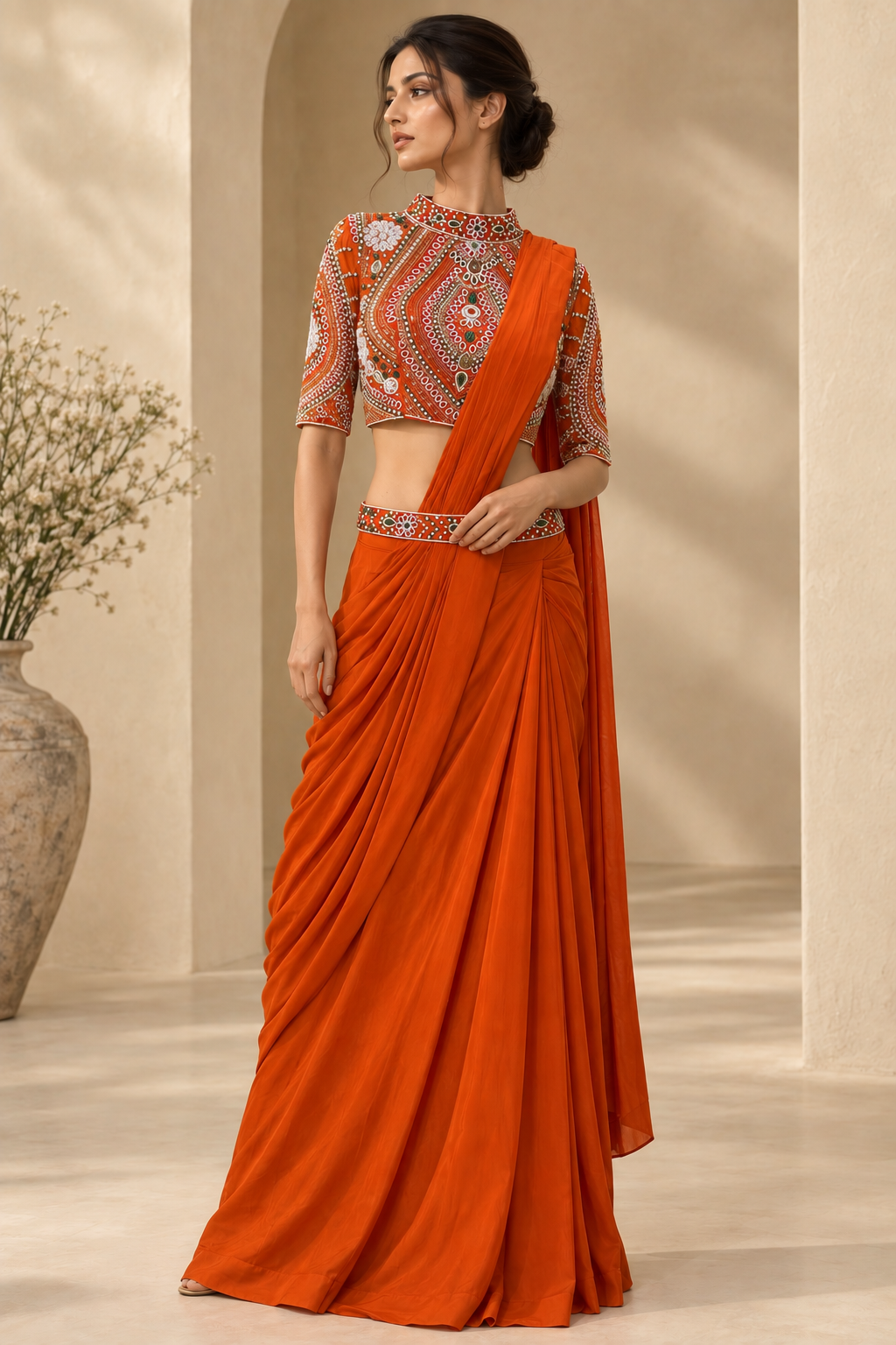 Women’s Orange Embroidered Crop Top with Draped Skirt & Dupatta 3-Piece Set — Fusion wear | Lehar Clothing UAE