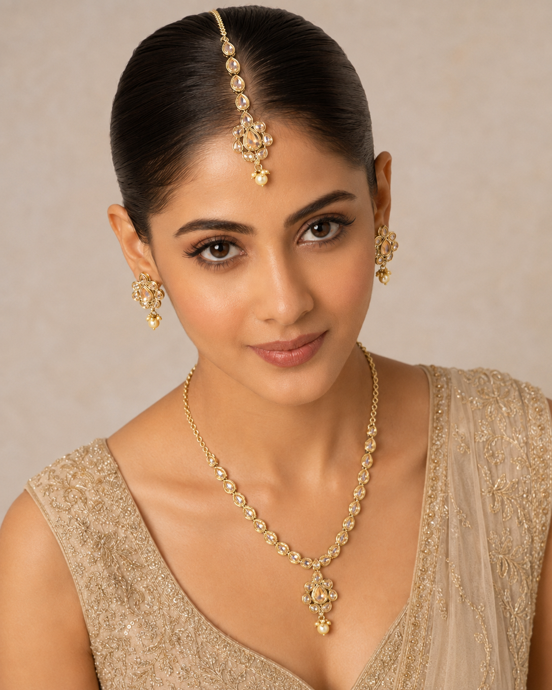 White Kundan Necklace Set with Maang Tikka - Gold Tone Indian Bridal Jewelry — Jewellery — view 5 | Lehar Clothing UAE