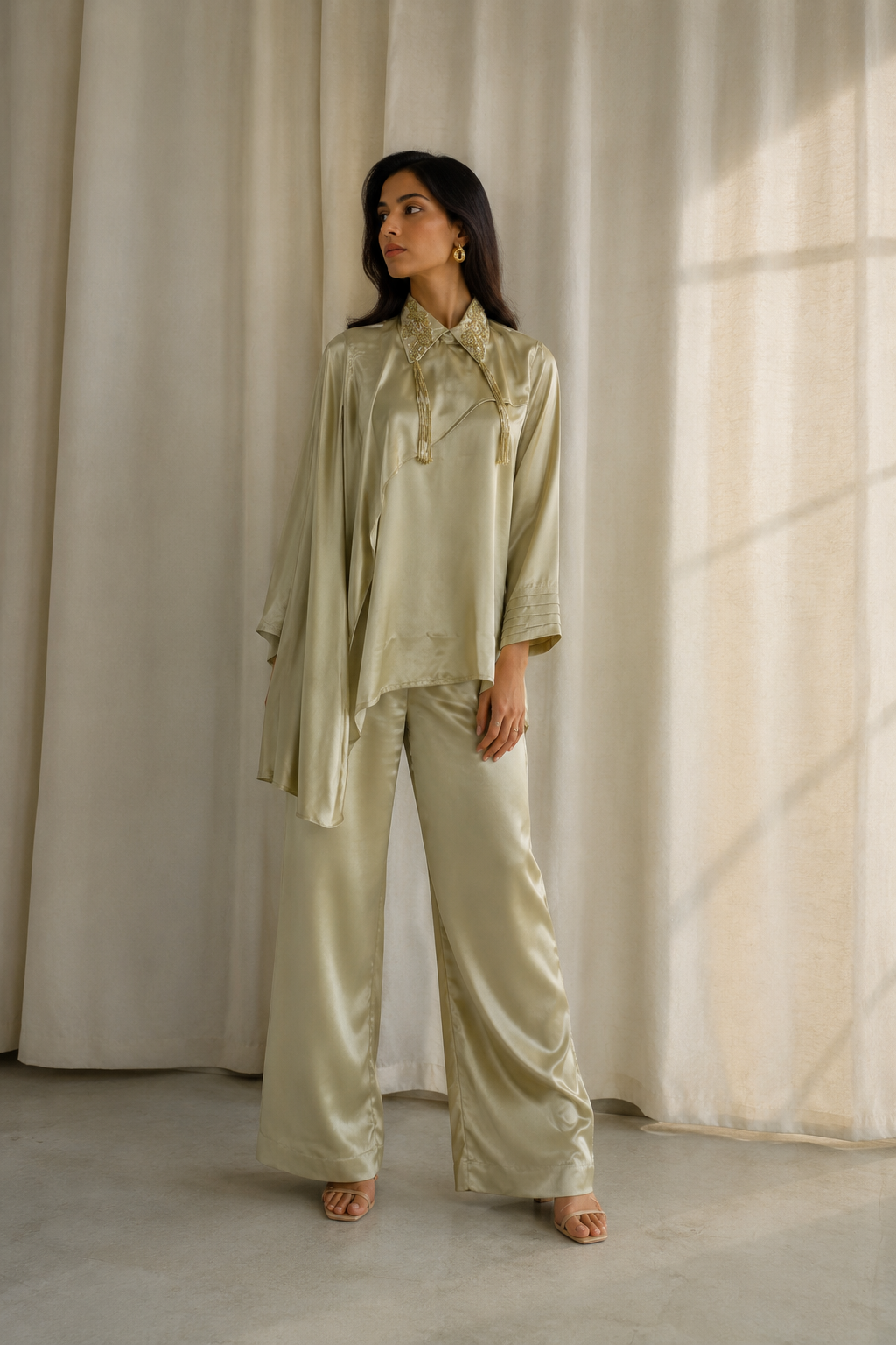 Champagne Draped Satin Set — Kurta Sets — view 3 | Lehar Clothing UAE