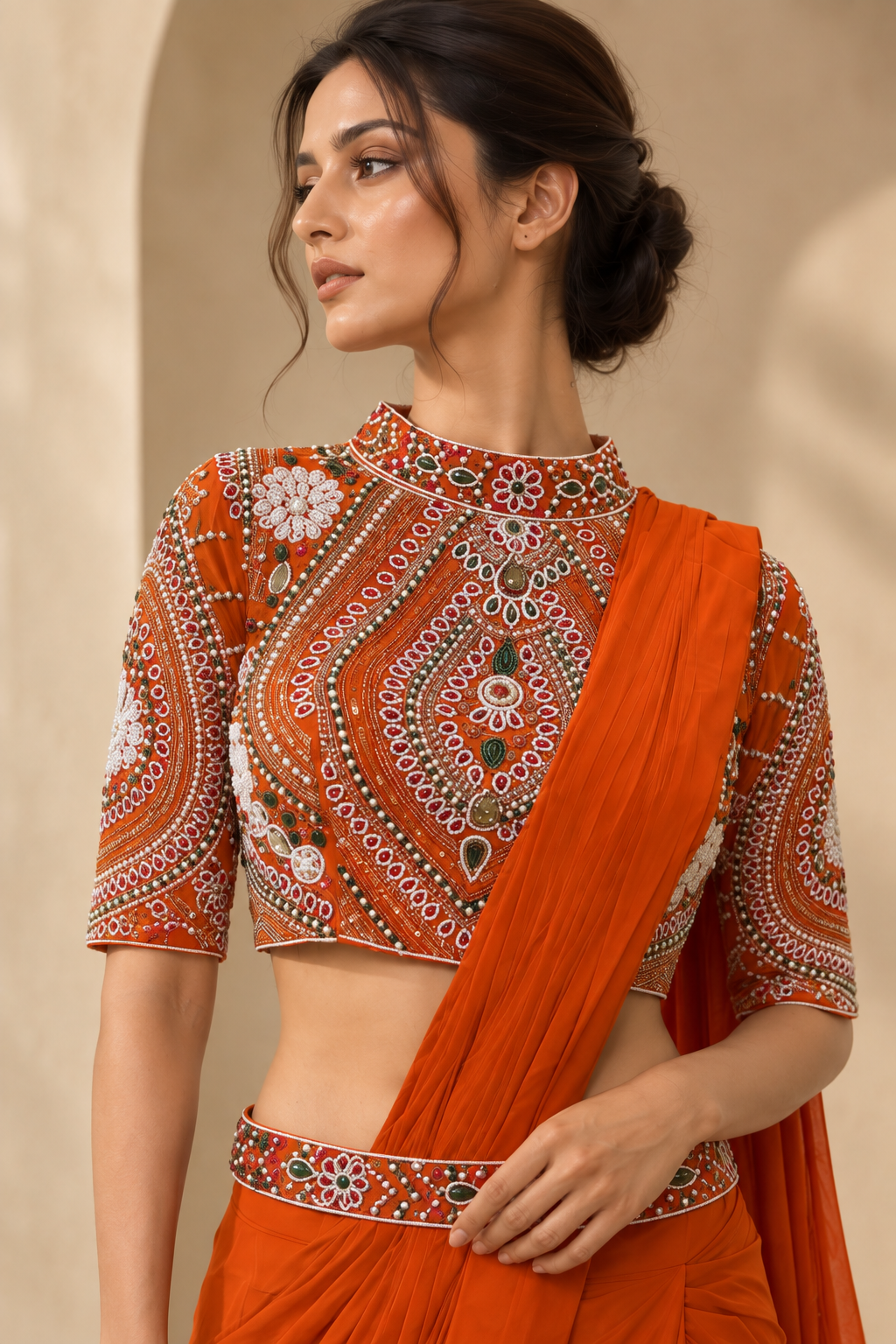 Women’s Orange Embroidered Crop Top with Draped Skirt & Dupatta 3-Piece Set — Fusion wear — view 2 | Lehar Clothing UAE