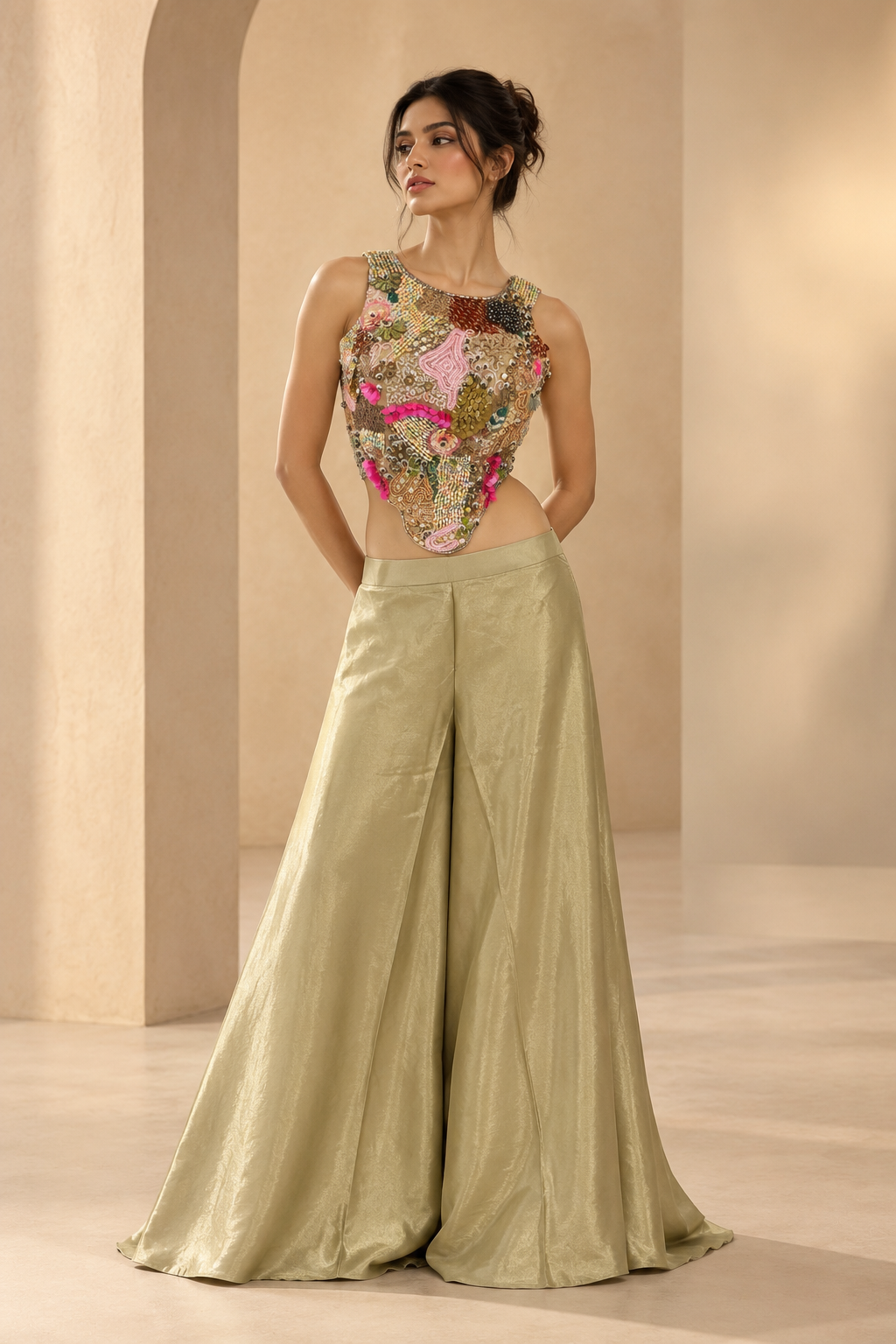 Multicolor Embellished Corset-Style Crop Top with Gold Wide-Leg Palazzo Pants — Palazzo Sets | Lehar Clothing UAE