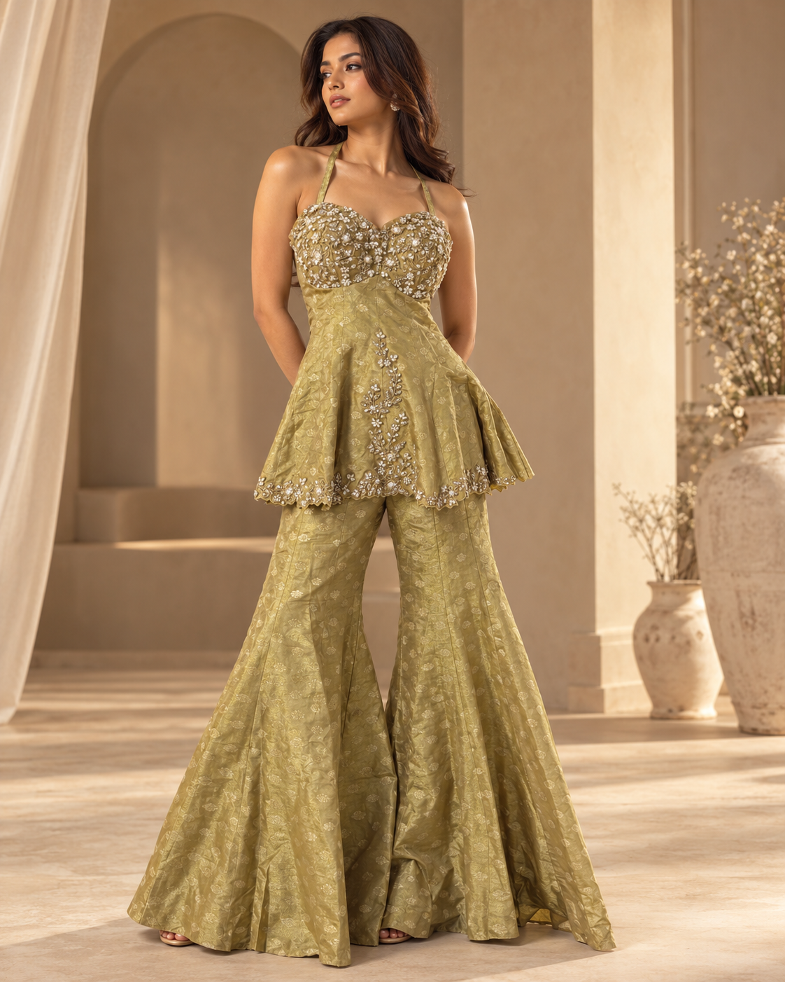 Women's Sage Gold Embroidered Peplum Bustier Top with Flared Sharara Pants & Dupatta Set — Palazzo Sets | Lehar Clothing UAE