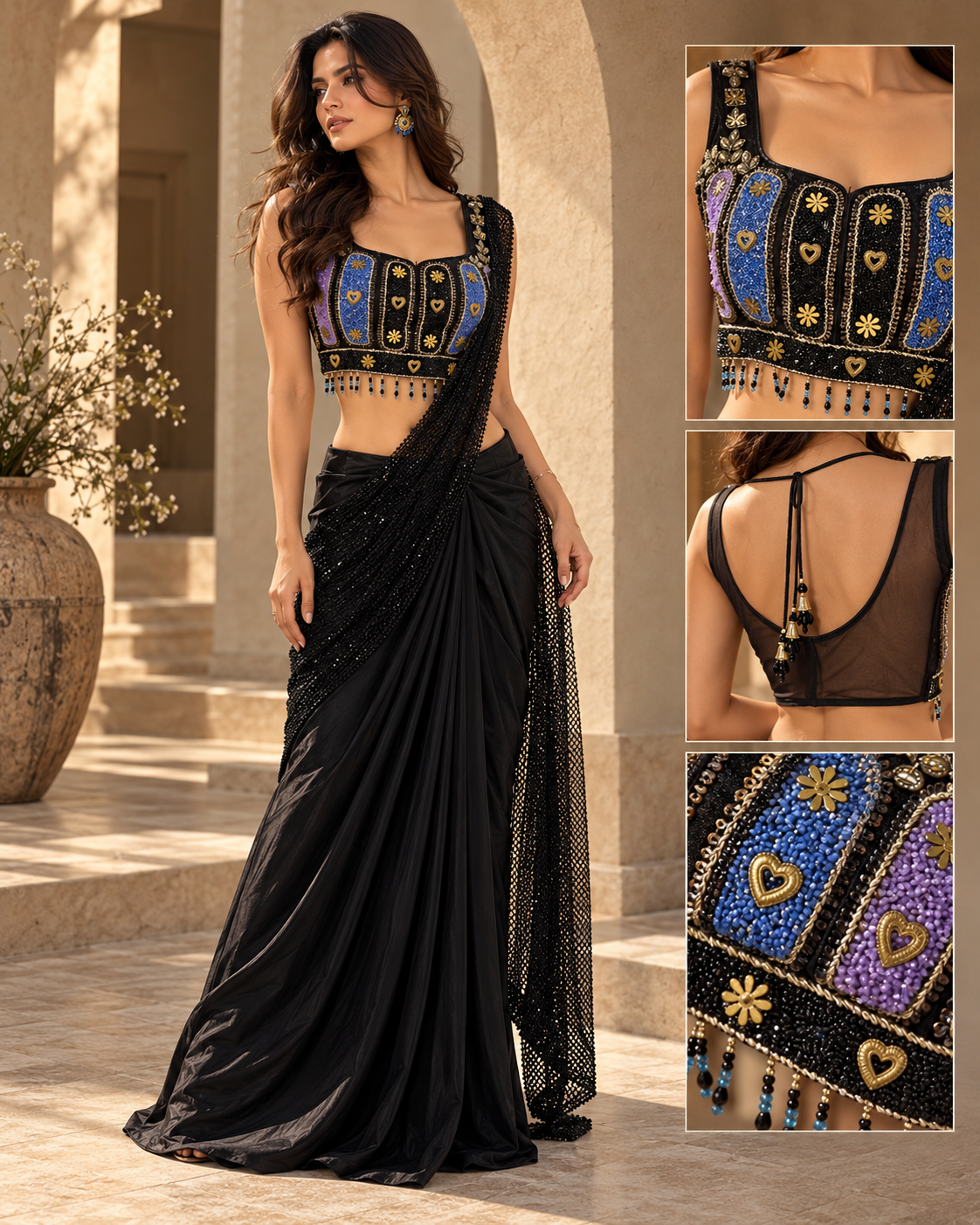 Women's Black Multicolor Hand Embroidered Blouse with Embellished Saree & Beaded Drape — Sarees | Lehar Clothing UAE