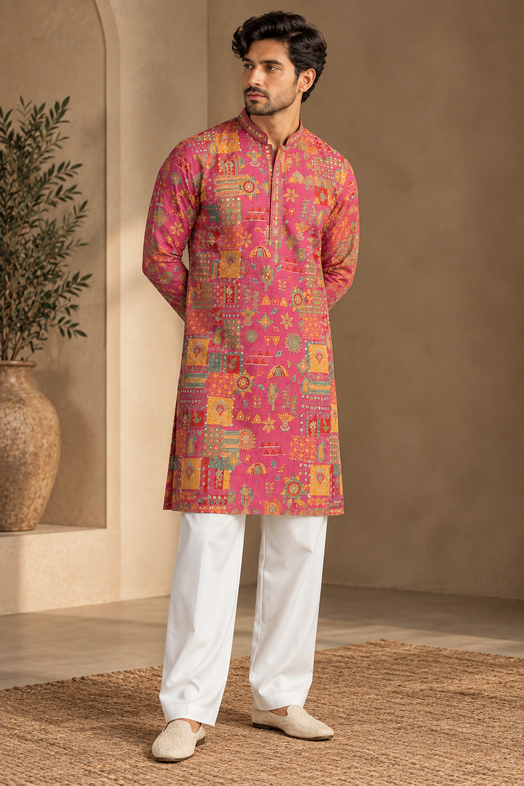 Magenta Multicolor Printed Kurta Set with White Straight Pants — Kurta Sets | Lehar Clothing UAE