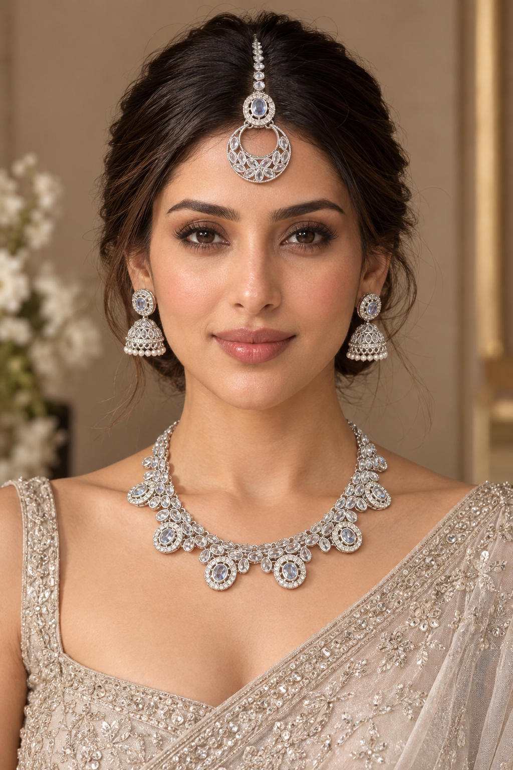 Silver-Tone Ice Blue Kundan Necklace Set with Jhumka Earrings & Maang Tikka - Indian Bridal Jewelry — Jewellery — view 2 | Lehar Clothing UAE
