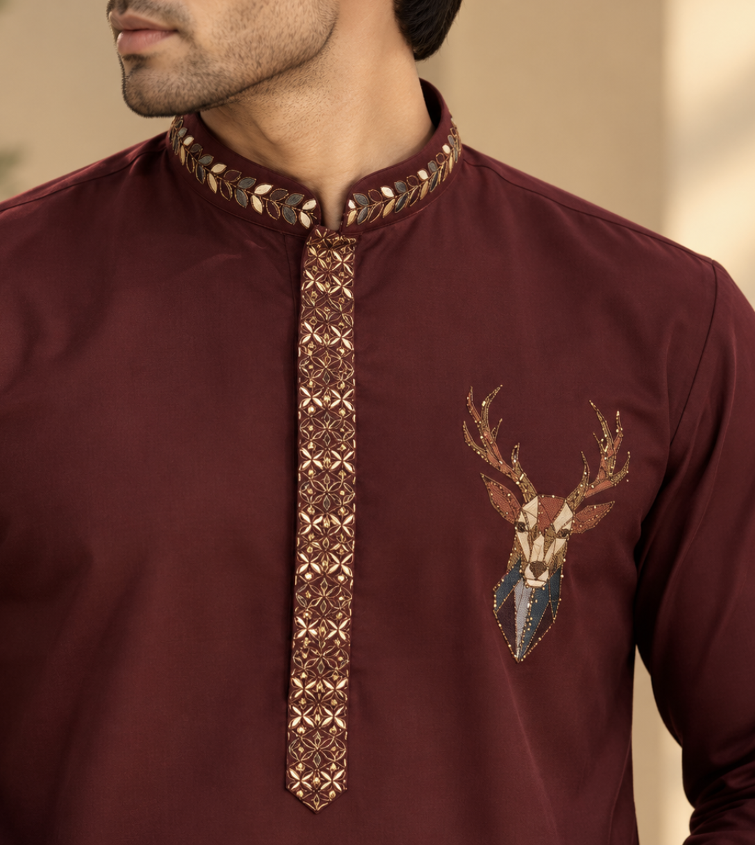 Men’s Maroon Kurta Pant Set with Gold Embroidered Placket & Statement Deer Motif Back Design — Kurta Sets — view 4 | Lehar Clothing UAE