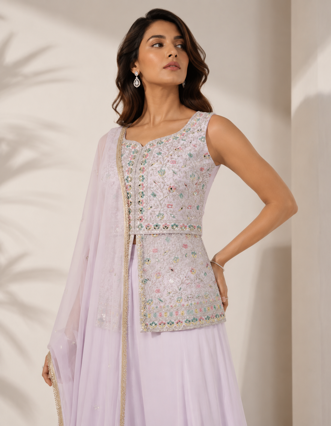 3-Piece Pastel Pink Floral Embellished Sleeveless Sharara Set — Sharara Set — view 3 | Lehar Clothing UAE