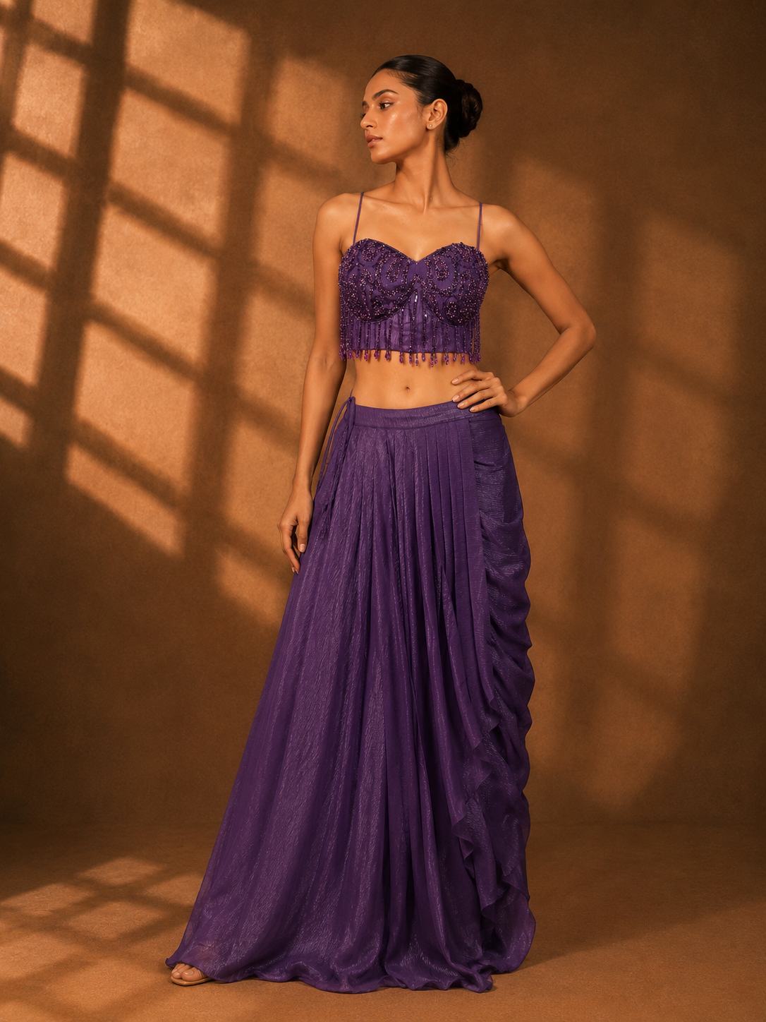 Royal Purple Embroidered Bustier Draped Skirt Set — Fusion wear | Lehar Clothing UAE