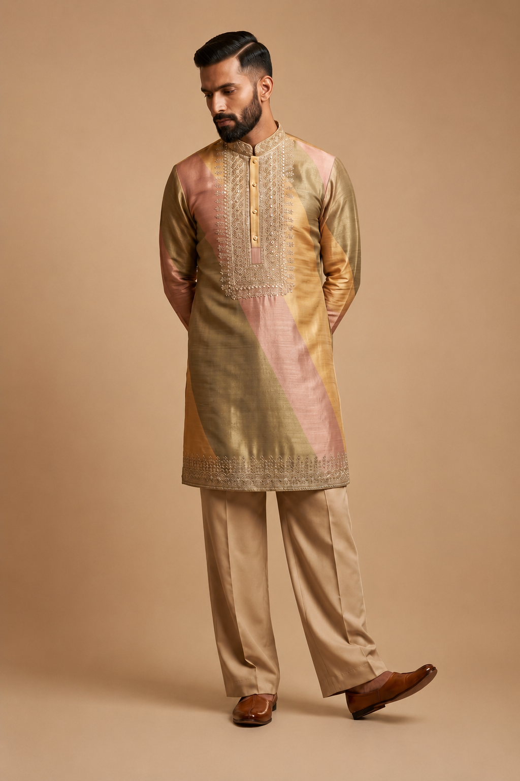 Green Beige Embroidered Silk Kurta Set with Straight Fit Trousers — Kurta Sets | Lehar Clothing UAE
