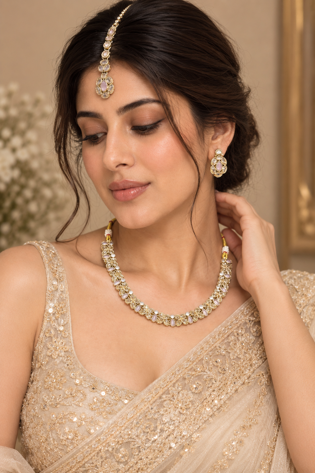 Blush Pink Floral Kundan Necklace Set with Earrings & Maang Tikka – Indian Bridal Jewelry — Jewellery | Lehar Clothing UAE