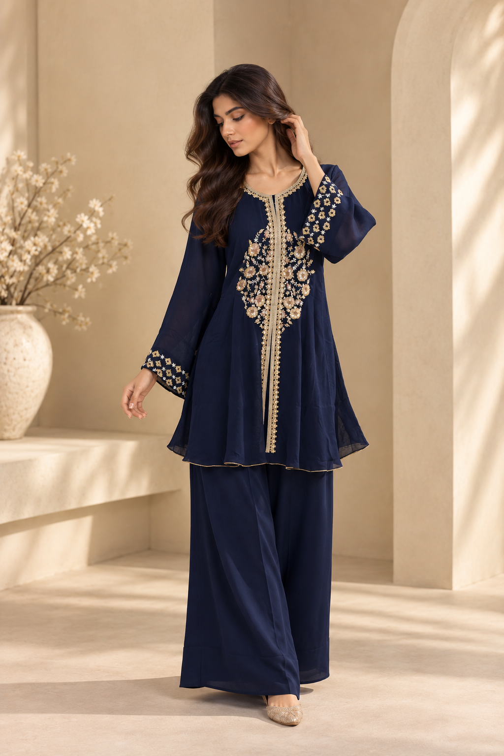 Navy Blue Floral Embroidered A-Line Kurta with Wide-Leg Pants Set — Kurta Sets — view 2 | Lehar Clothing UAE