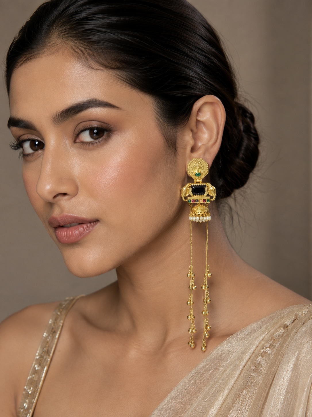 Imitation Gold-Tone Black Mirror Pearl Statement Long Kashir Dangler Earrings — Jewellery | Lehar Clothing UAE