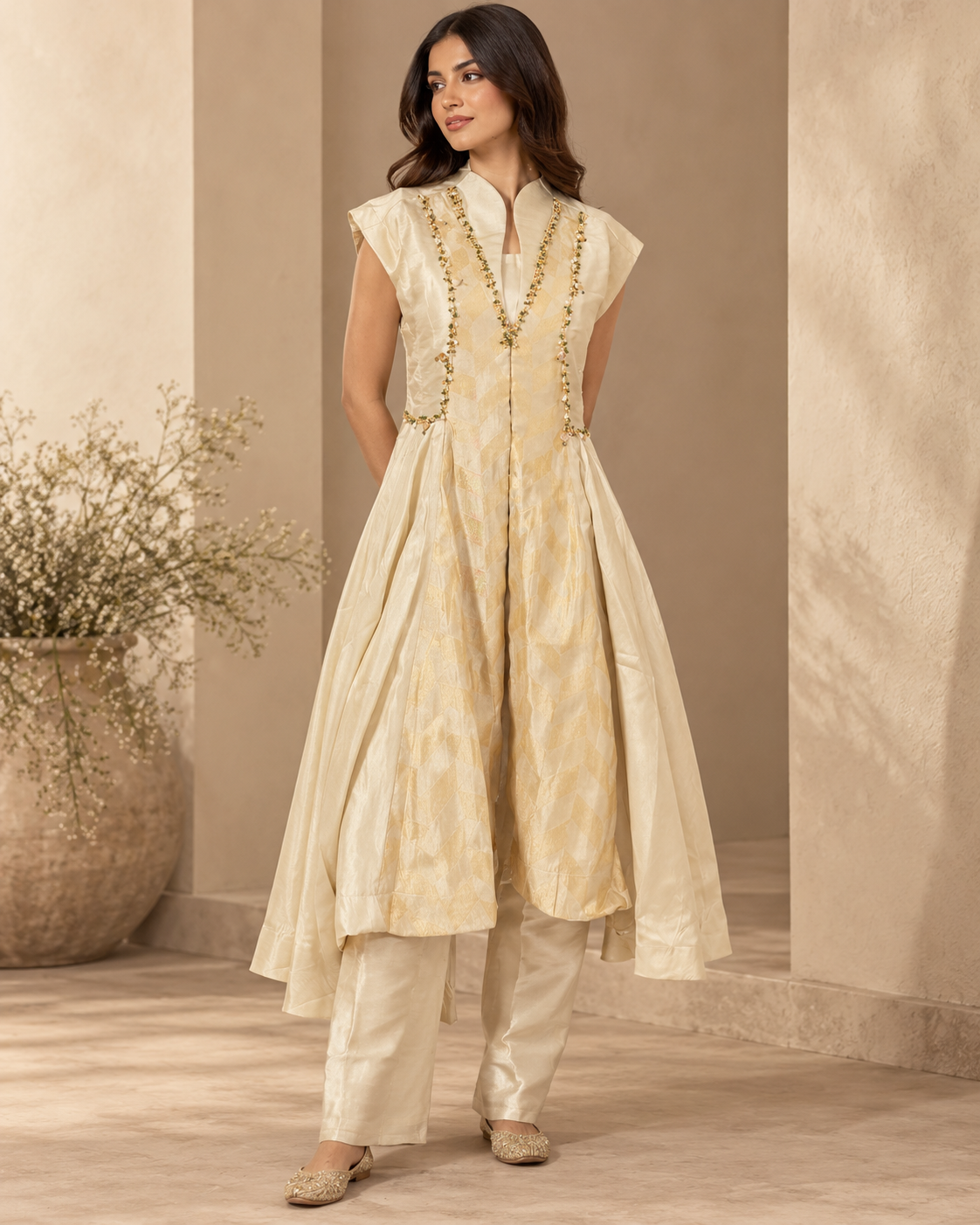 Women's Ivory Embroidered Layered Anarkali Jacket Set with Bustier & Straight Pants — Palazzo Sets — view 3 | Lehar Clothing UAE