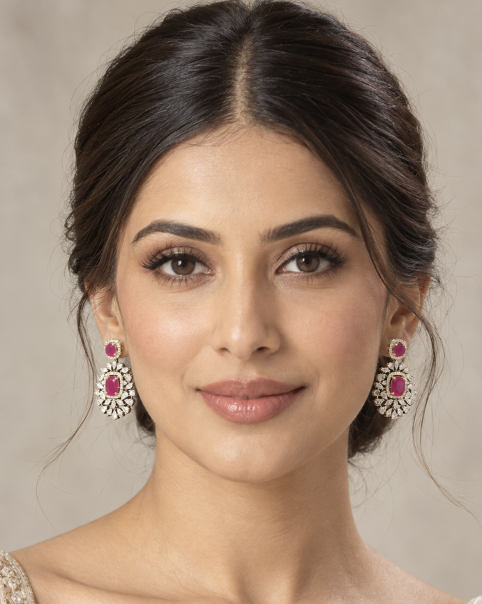 Women’s Ruby Pink & Clear Crystal Statement Drop Earrings – Gold-Tone Bridal Imitation Jewellery — Jewellery — view 2 | Lehar Clothing UAE